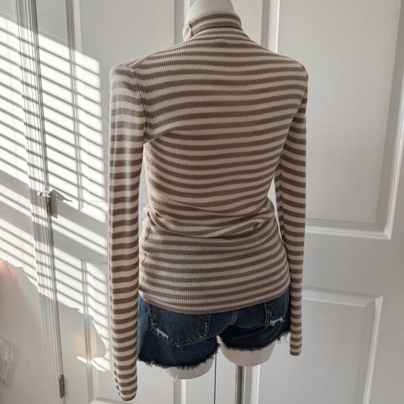 Vince Beige Tan White Striped Cashmere Long Sleeve Turtleneck Sweater Size Large - Picture 4 of 8